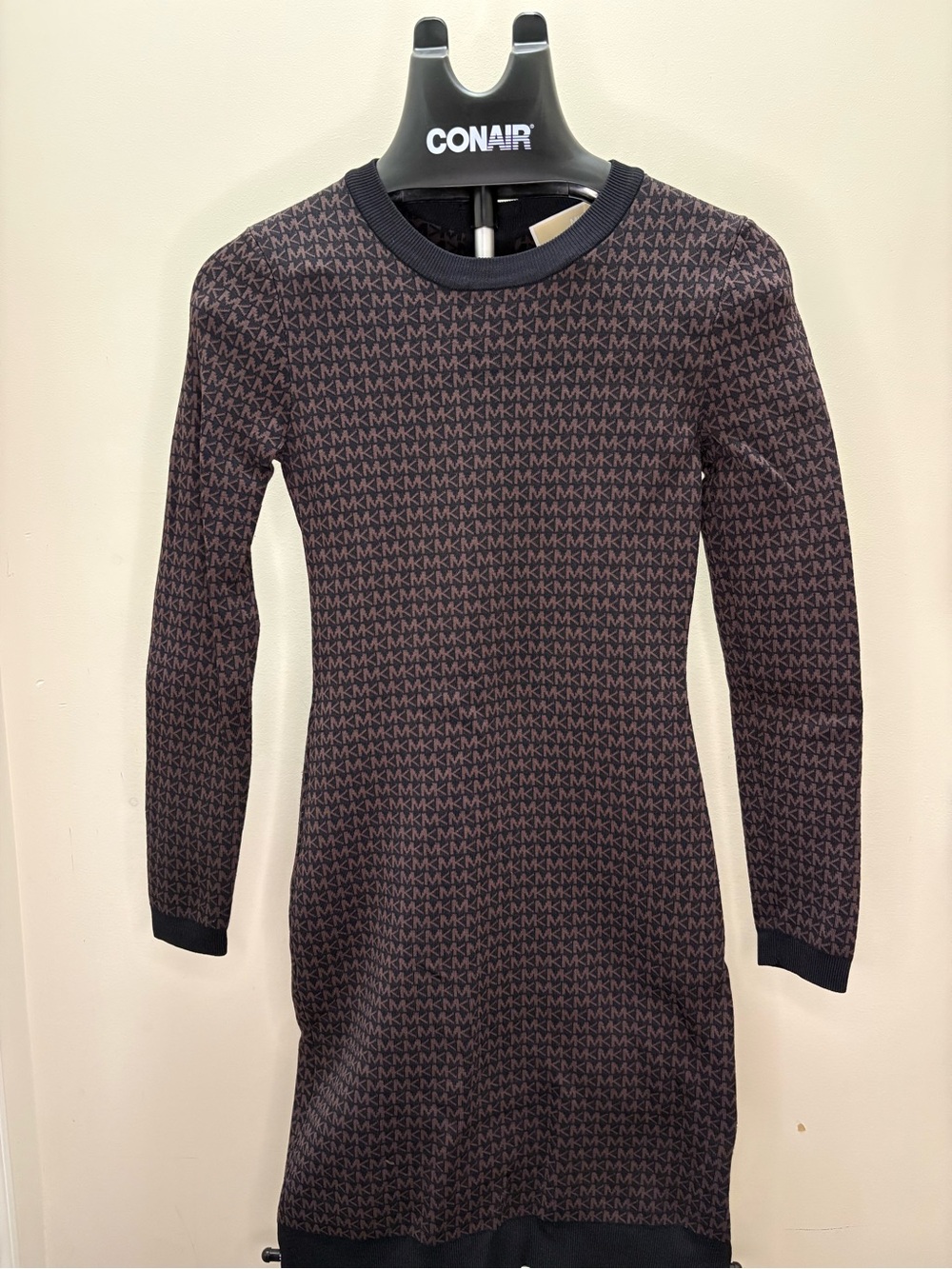 Michael Kors Black and Brown Logo Knit Long-Sleeve Dress